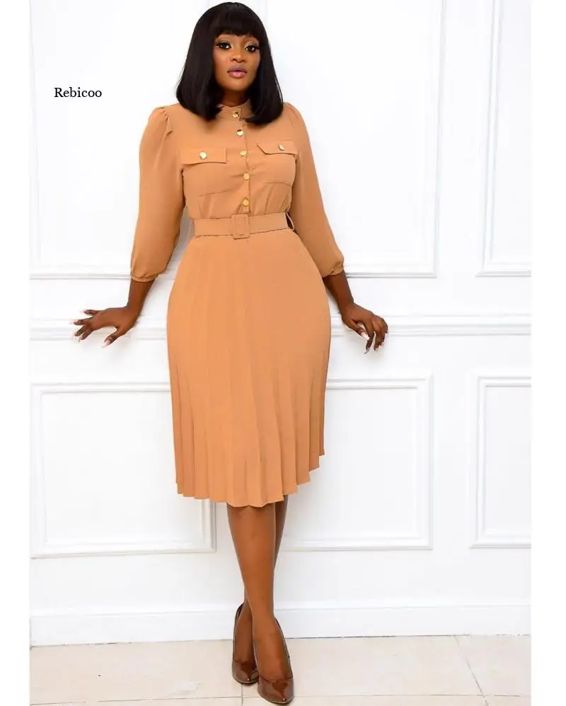 

Autumn Women's Long-Sleeved Pleated Dress with Pocket Belt A-Line Button Female Fashion Black Khaki Plus Size