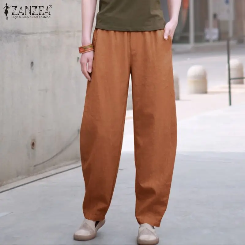 

ZANZEA Female Long Trousers Solid Summer Turnip Vintage Elastic Waist Palazzo Women Casual Baggy Wide Legged Pantalon Chic Pants