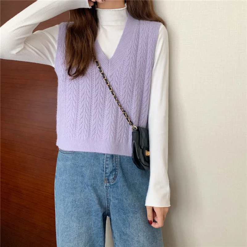 

Luck A Solid Knitted Sweater Vest Women Short Elegant V-Neck Pullover Vest Casual Sweet Sweater Harajuku Women Autumn Sweater