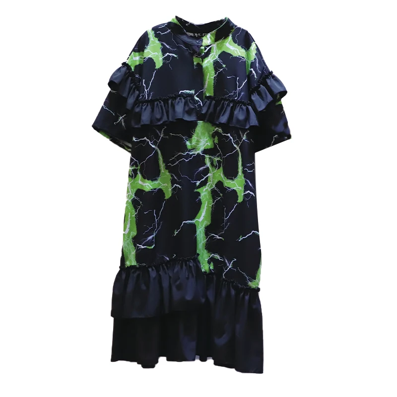 

IEQJ New Women's Dress Patchwork Round Neck Short Sleeve Striped A-line Temperament Loose Fit Fashion Tide Summer 2021 3Q002