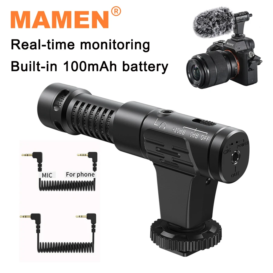 MAMEN Camera Microphone with Real-time Monitoring Vlog Interview Recording MIC Built-in 100mAh Battery for Android Smartphone DV