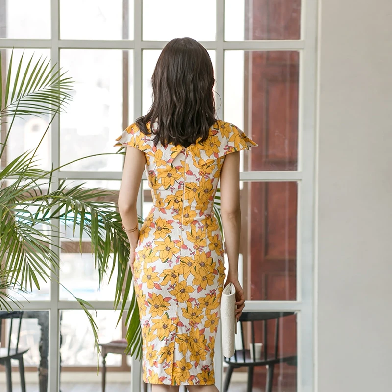 

Korean Version Colorful Print Dress Chic Breasted Lapel Midi Pencil Dresses Women Elegant Summer Party Dress TA2270