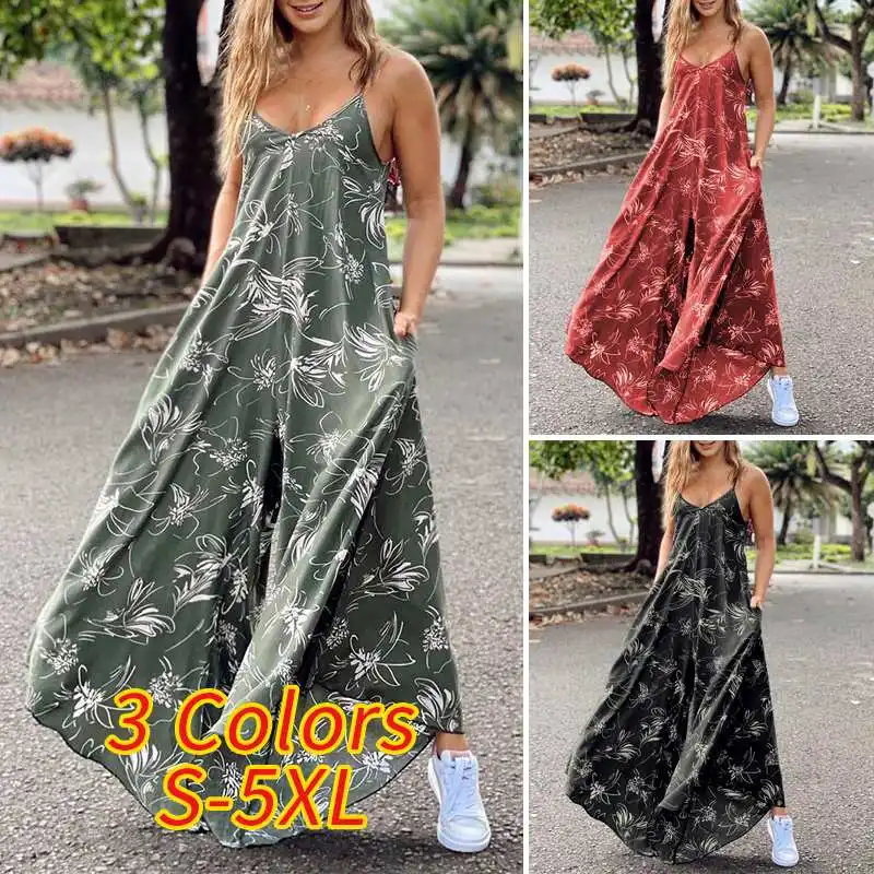 

Женский офисный комбинезон VONDA 2021 без рукавов с винтажным принтом и широкими штанинами, сексуальный длинный комбинезон с глубоким V-образны...