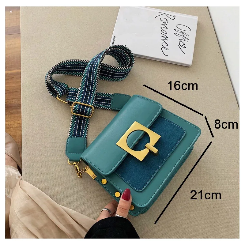 

FUNMARDI Vintage Scrub Leather Shoulder Bag Lady Small Flap Lock Bags Stripe Color Strap Crossbody Bag Patchwork PU Bag WLHB2084