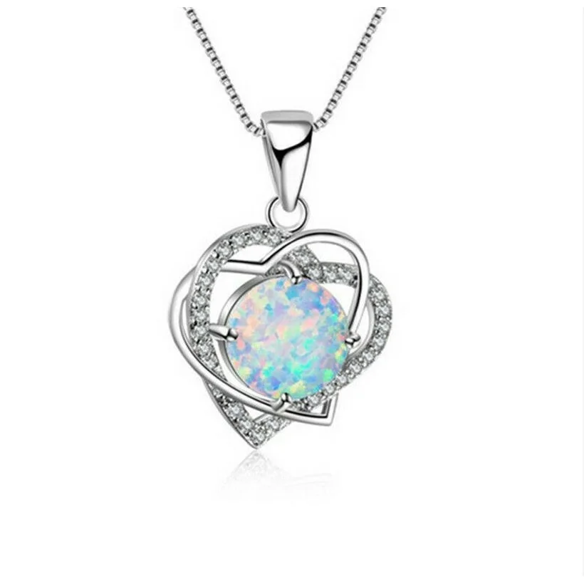 

Fashion Lady Silver Heart White Simulated Opal Pendant Necklace