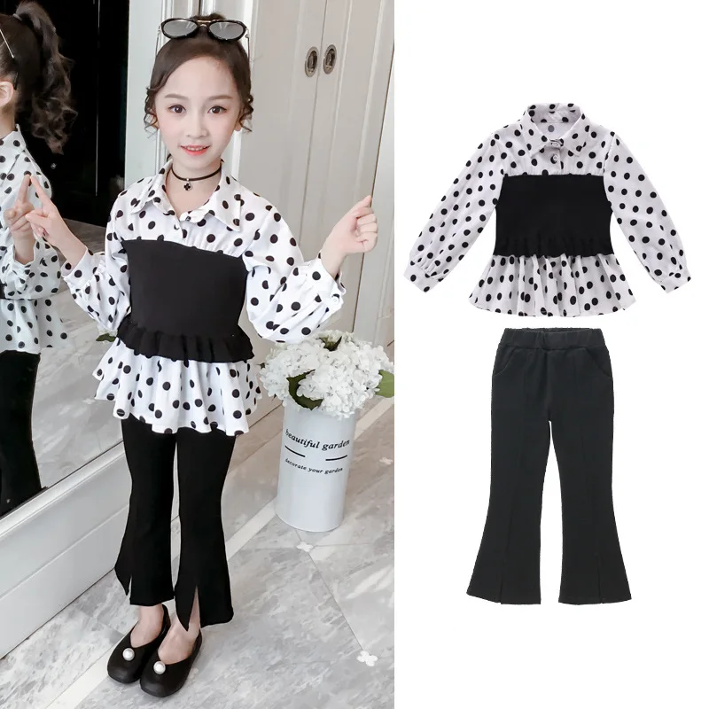 

Children's Clothing Ins new girl's autumn suit Fashion polk dot Suit+Pant two-piece outfit Korean children Spring wear ST19099