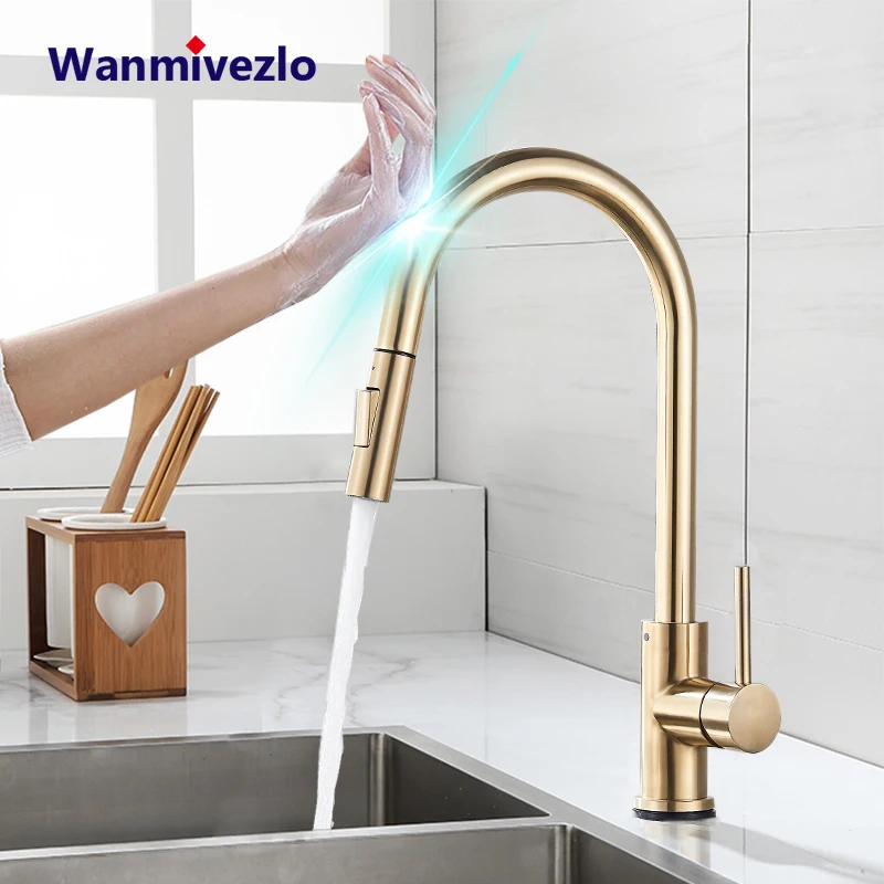 Brushed Gold Pull Out Touch Sensor Kitchen Faucet 360 Rotation Smart Tap Single Handle Mixer | Обустройство дома