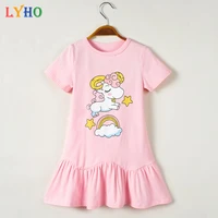 unicorn toddler girls dress summer short sleeve t shirt print casual party dresses pink girl clothes 2021 kids clothing outfits