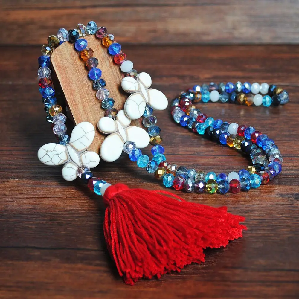 

New Tassel Handmade Beaded Colored Crystal Necklace For Women Pendant White Pine Bow Sweater Chain Necklace For Women Crystal