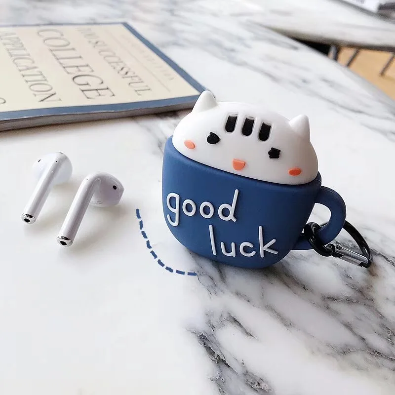 Силиконовый чехол с 3D рисунком кота для беспроводных Bluetooth наушников AirPods 2