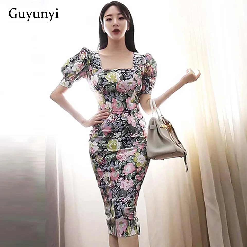 

High Waist Tight Office Lady Dress 2022 Summer Flower Sexy Square Neck Puff Sleeve Backless Elegant Party Dress Women