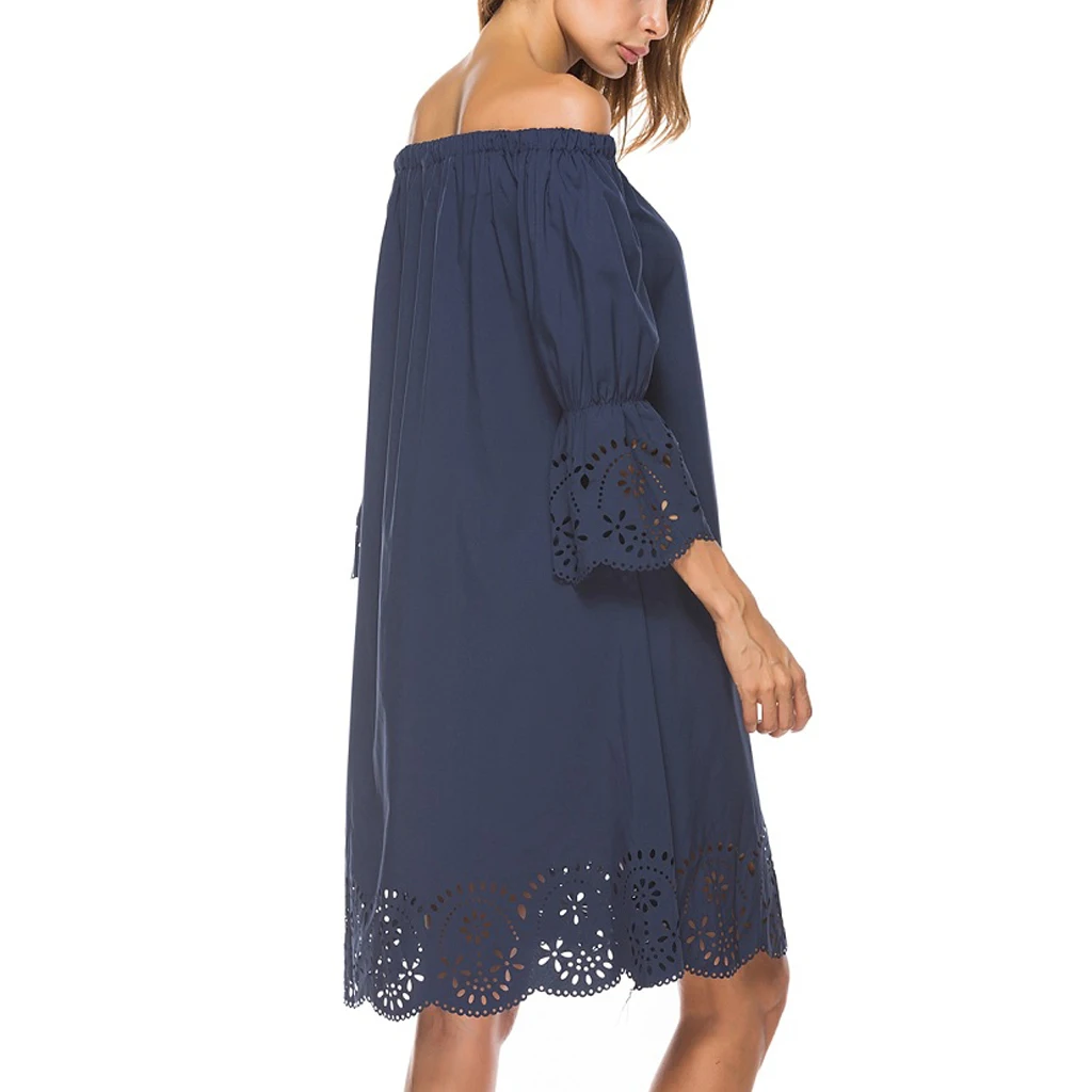 

Women Off Shoulder Shift Dress Round Neck Hollow Out Ruffle Floral Dress