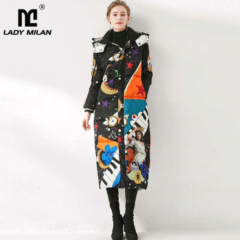 

High Quality Women's Winter Runway Coats Hooded Collar Cartoons Printed Elegant White Duck Down Long Overcoat Outerwear