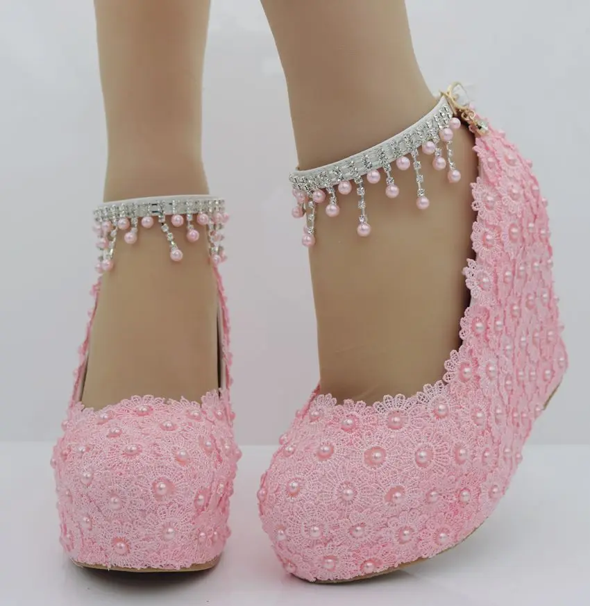 

2021 White wedge wedding shoes shallow mouth sweet white flower lace pearl platform pumps bride dress high heels foot size 33-42