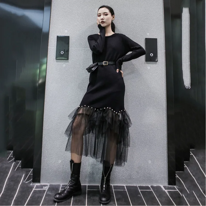 LANMREM 2020 кружевное трикотажное платье средней длины весеннее Новое тонкое