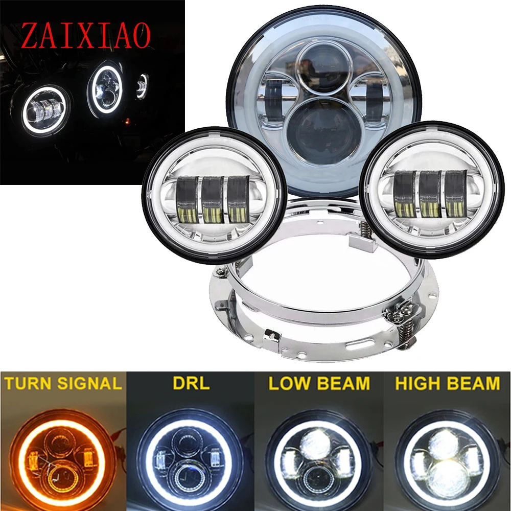 

Motorcycle 7 inch Moto LED Headlight for Harley bike 7"Bracket Mounting Ring & with 4-1/2"4.5" LED Passing Lamps Fog Lights