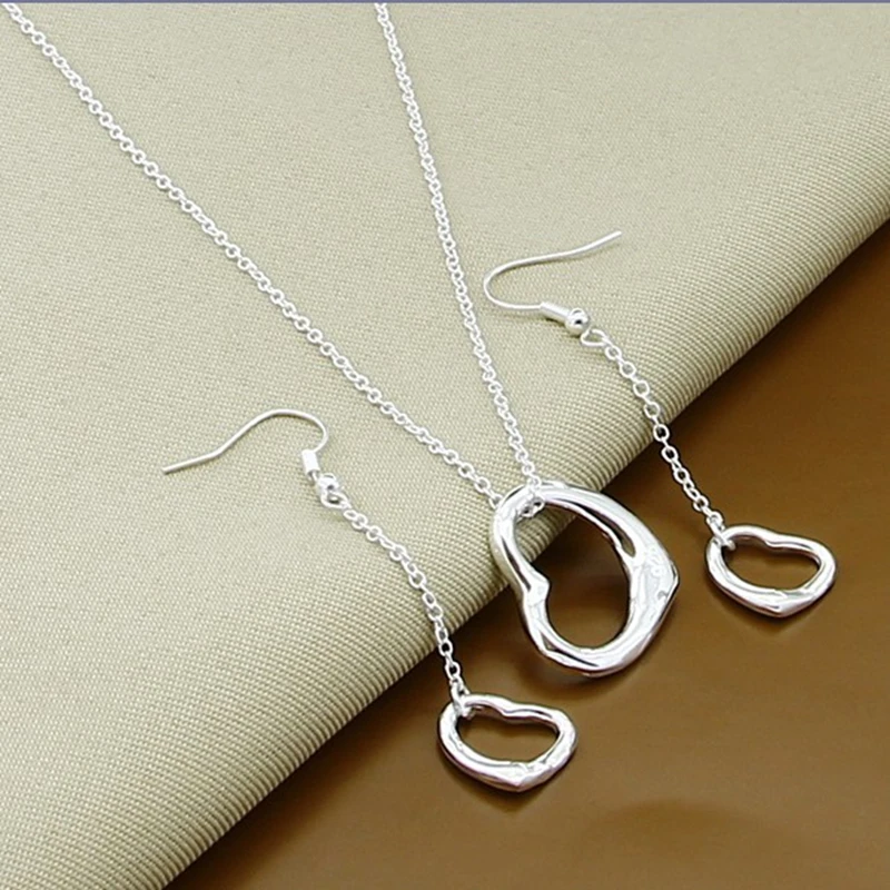 

New Trendy Jewelry Sets 925 Sterling Silver Heart Tassel Earrings Necklace Set Women Wedding Jewelry Gift