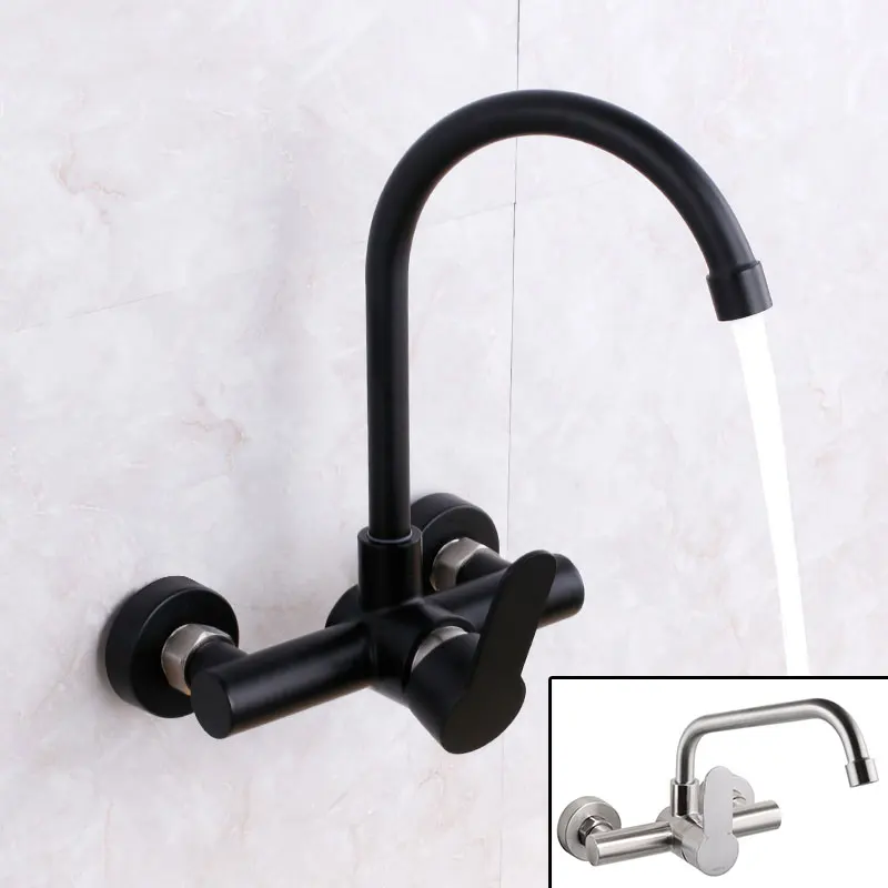 

Wall mounted black kitchen faucet single handle double holes hot and cold water