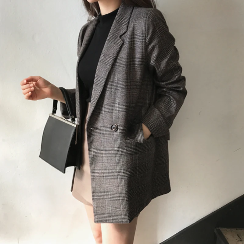

Femme Blazer New 2021 Spring Autumn Women's Blazers Plaid Double Breasted Pockets Formal Jackets Notched Outerwear Suit