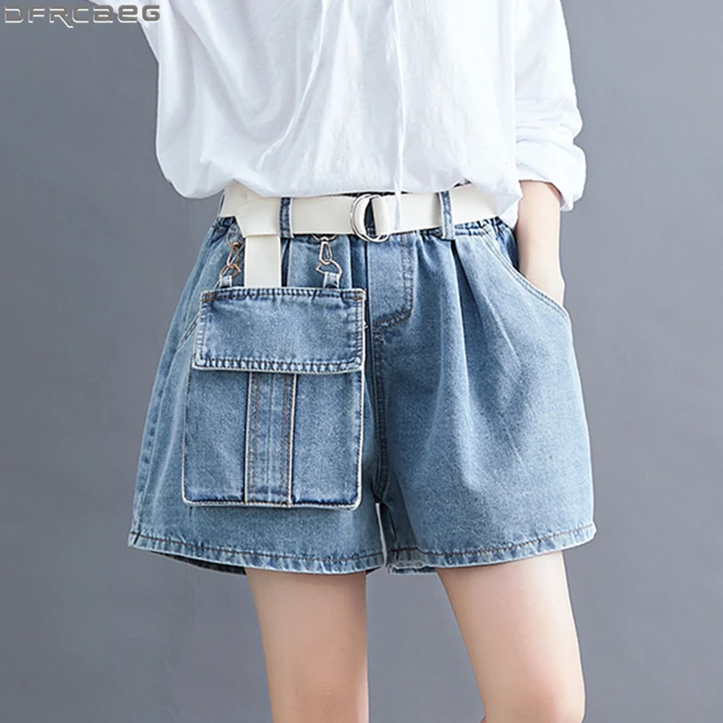 

Женские джинсовые шорты с широкими штанинами, повседневные эластичные свободные джинсовые шорты синего и черного цвета с карманами и поясом, лето 2020