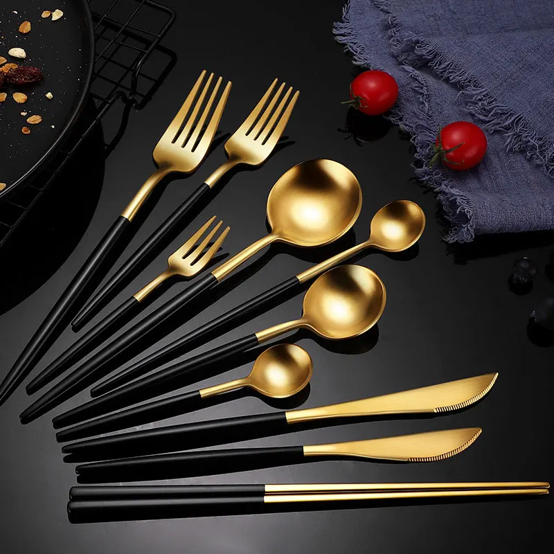 

Black Cutlery Tableware Spoon Fork Chopstick Knife Utensil Kitchen Home Gadget Sets Stainless Steel Golden Travel Camping Case