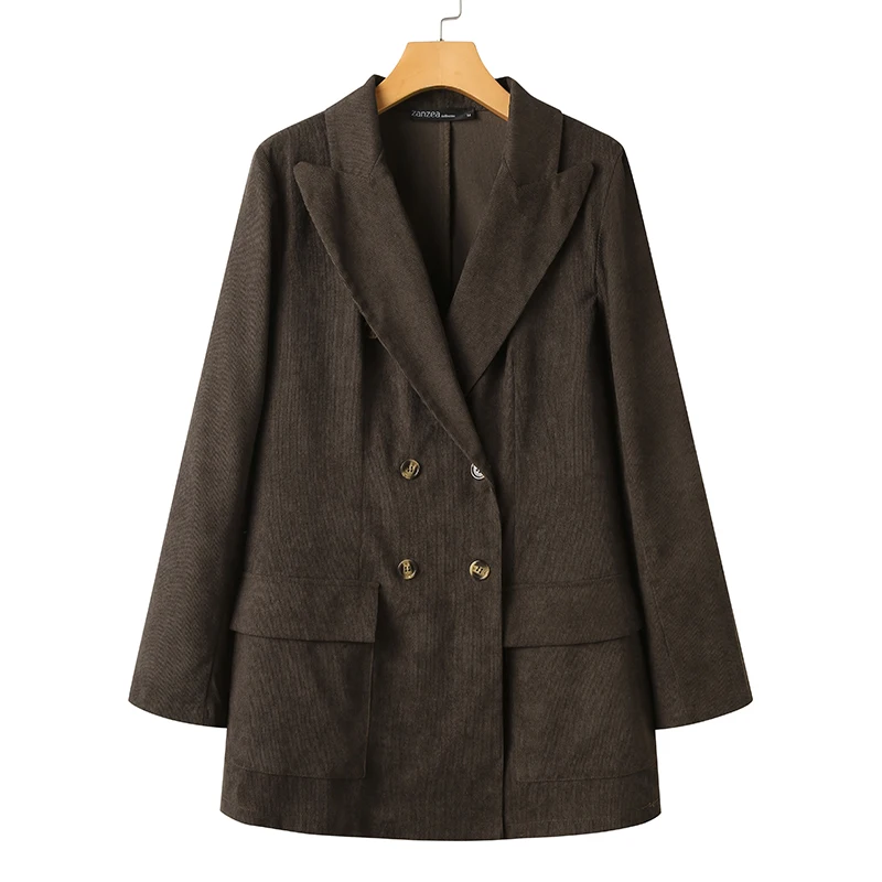 

ZANZEA 2021 Winter Women's Double Breasted Blazers Autumn Corduroy Jackets Pockets Outerwear Vintage Solid Thin Coats Plus Size