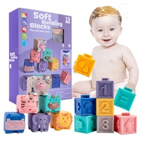 12pcs baby soft rubber building blocks 3d cartoon animal hanging ball baby massage number teether educational squeeze bath toys