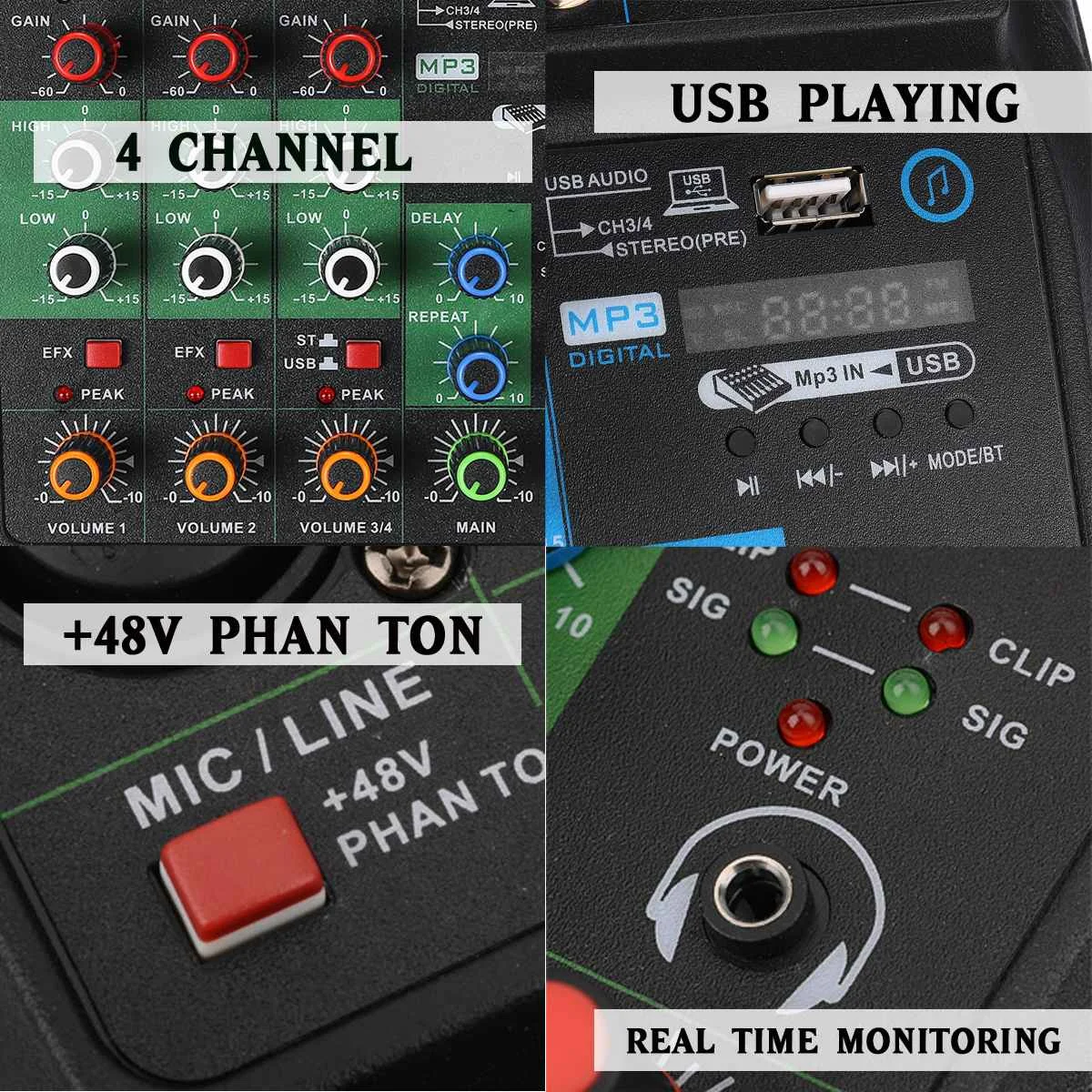 4 канальная микшерная консоль портативный аудиомикшер с USB Bluetooth DJ звуковое