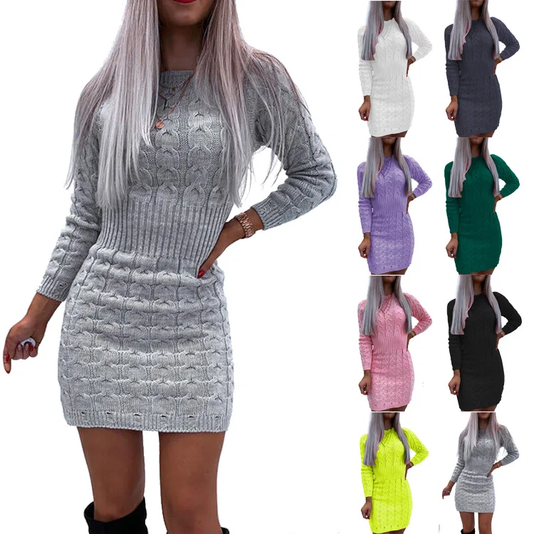 

ZJZLL 2021 Autumn and Winter New Casual Knitted Mid-length Sheath Tight Waist Twist Sweater Dress for Women