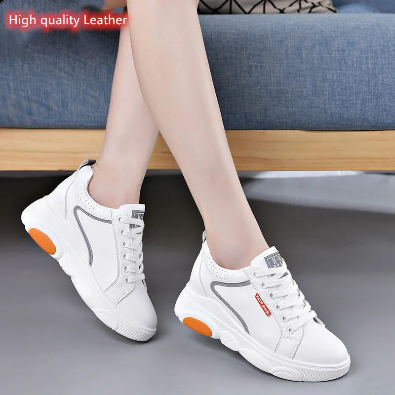 

Women's shoes leather soft bottom white shoes2019 spring autumn new height increase sneakers wild casual laceup Zapatillas Mujer