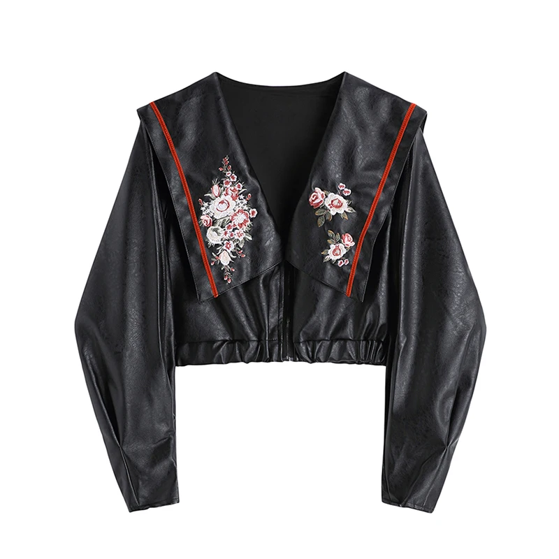 

2022 Autumn Fashion Motorcycle Jacket Short Faux Soft Black PU Leather Crop Jacket Long Sleeve Vintage Ladies Basic Street Coat