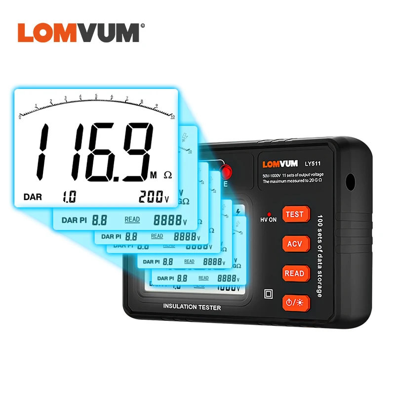 

LOMVUM Digital Insulation Resistance Tester 500V 1000MΩ Resistance Meter Smart Electrician Tool Backlit Earth Ground Voltmeter
