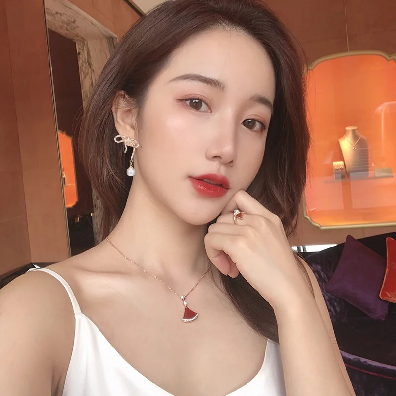 Pearl earrings feminine bow high-end personality Korean 2020 new trendy fashion elegant Fashion Stud Earrings | Украшения и