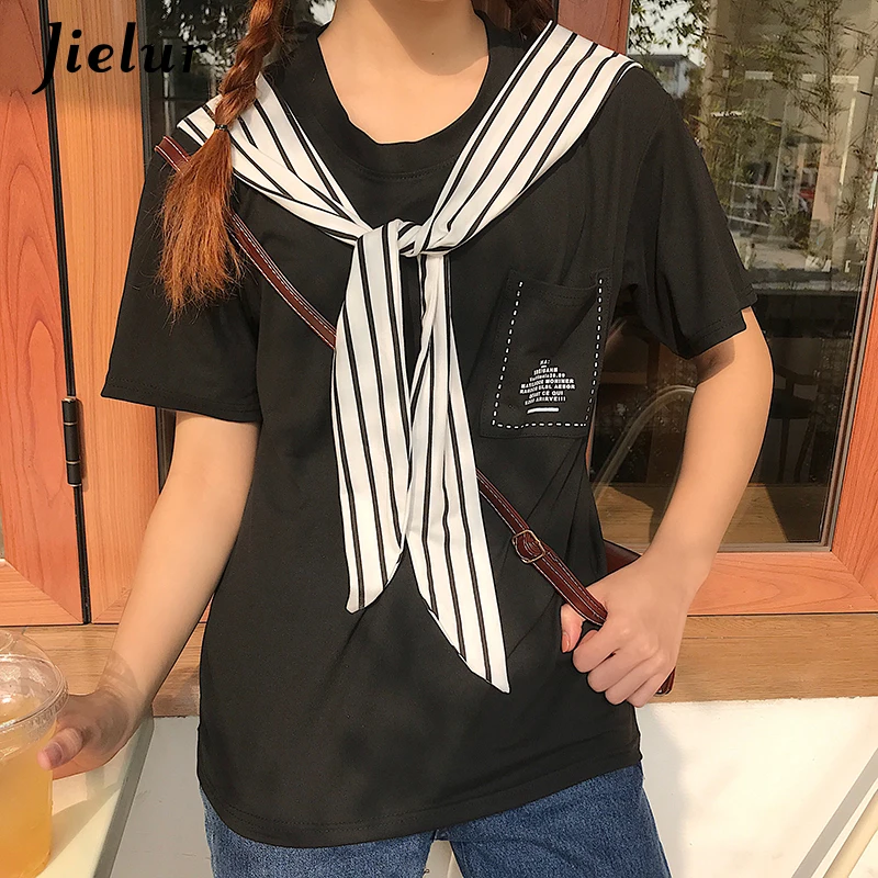Jielur T-shirts for Women College Student Young Chic Pocket Striped Sailor Collar Top Summer White Letter Kawaii Tee Shirt Femme | Женская
