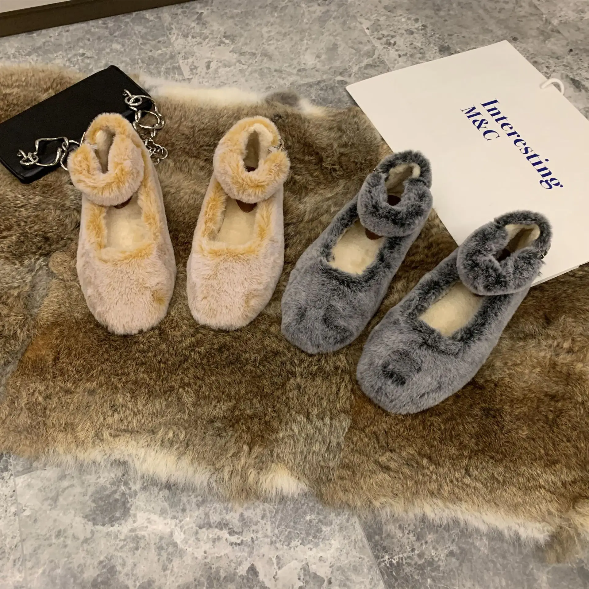 Женские Меховые Туфли Мэри Джейн на ремешке с пряжкой и круглым носком Зимние