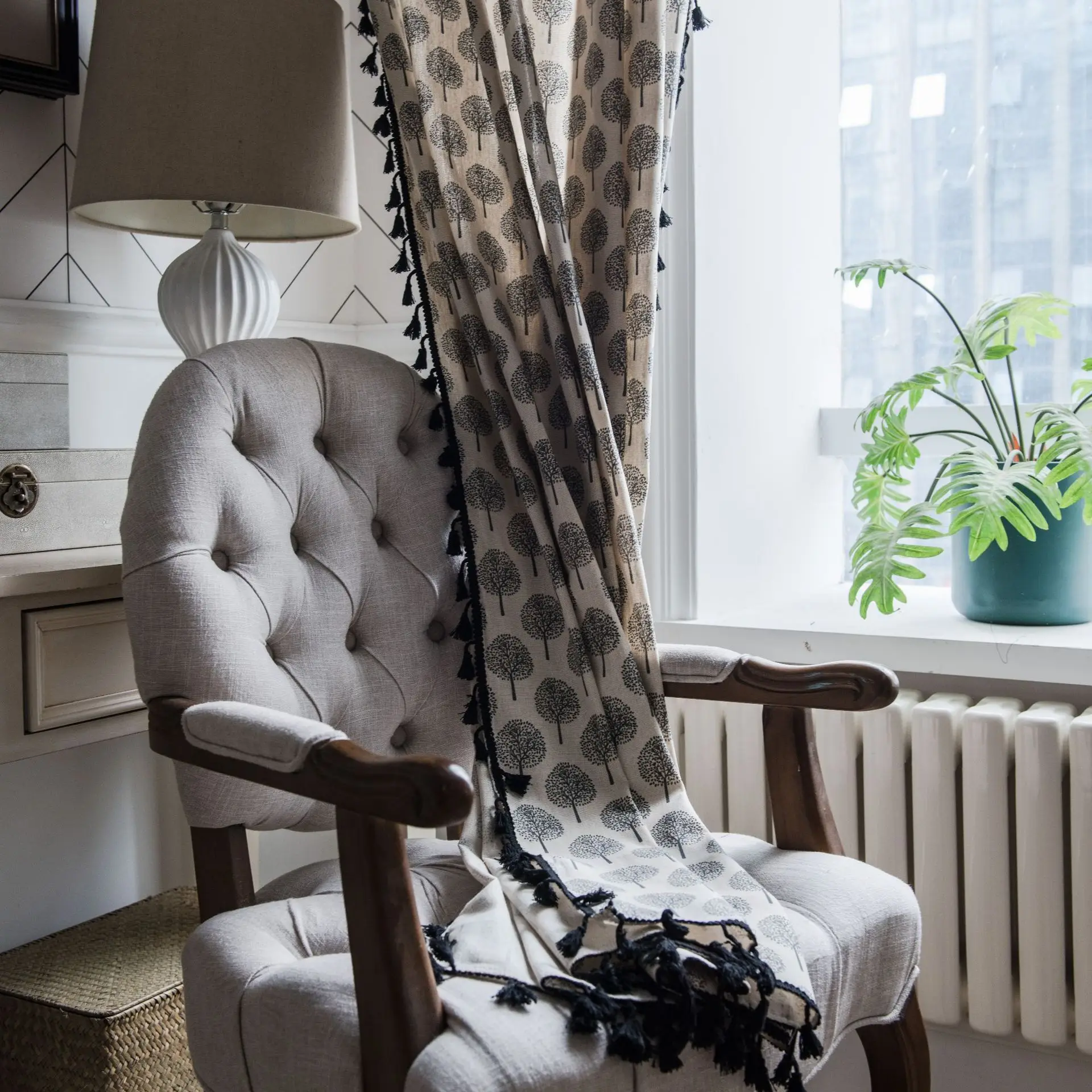 Занавеска-перегородка из хлопка и льна с кисточками полузатенение | Дом сад