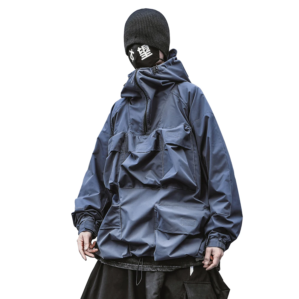 

Japanese Streetwear Blue Windbreaker Men Multiple Pockets Hooded Jacket