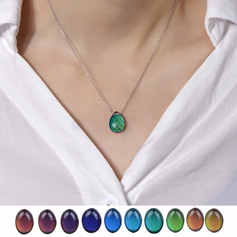 

Mood Necklace Color Change Emotion Feeling Temperature Control Water Drop Tears Pendant Stainless Steel Chain Necklaces