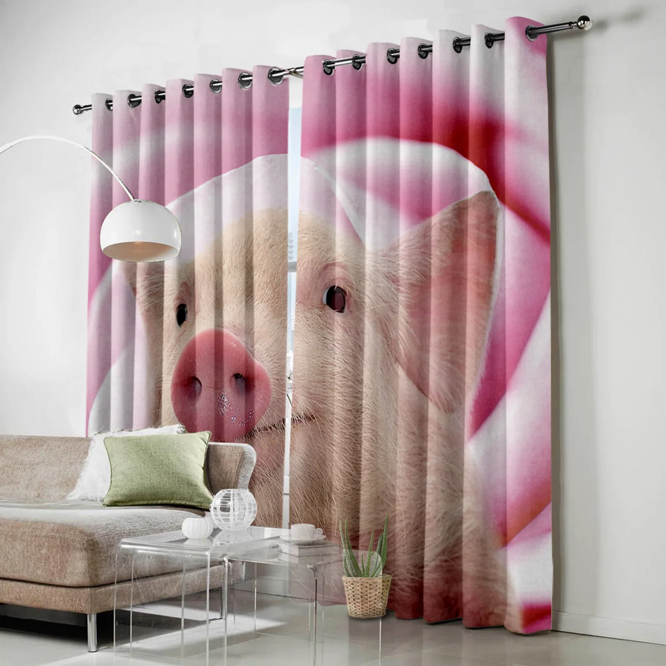 Фон с изображением маленькой розовой свиньи на цветочном окне гостиной кухни