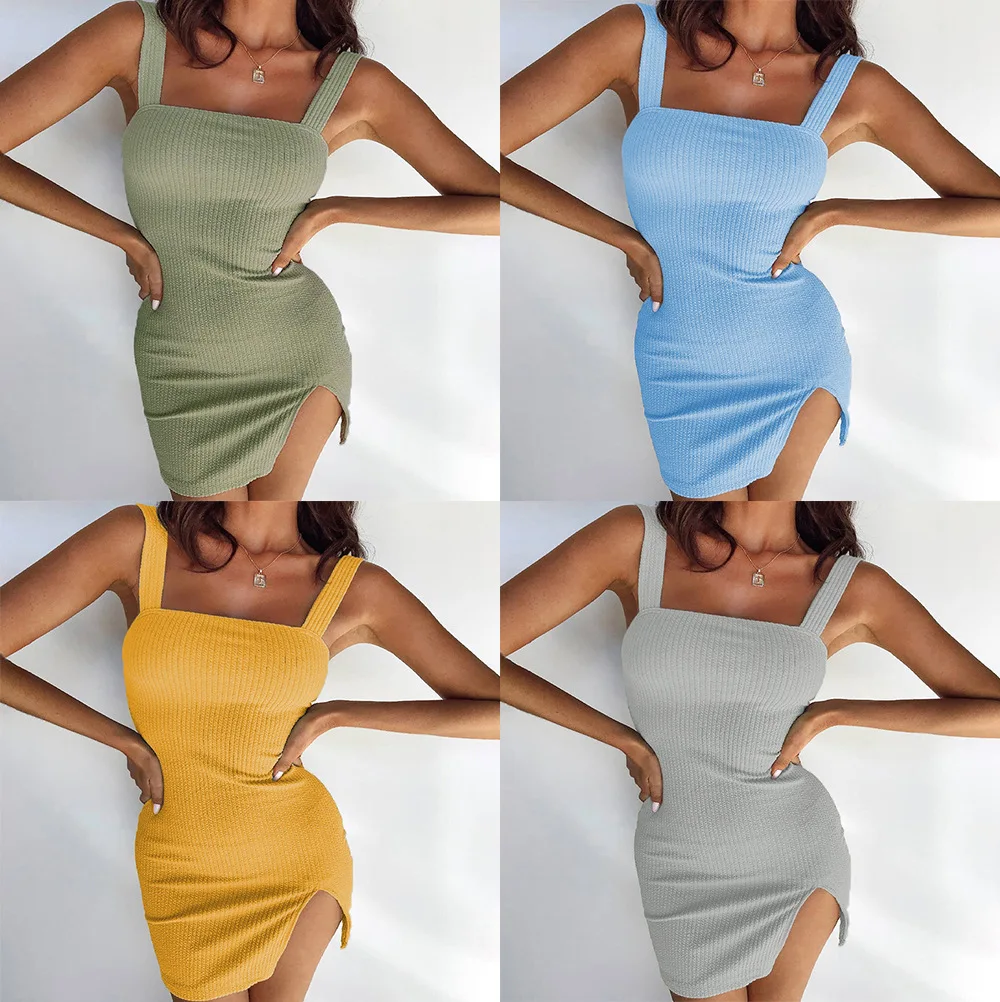 

WannaThis Slash Neck Strap Dress Knitted Sleeveless Split Hem Mini Party Dresses Sexy Slim Elastic Solid Summer Bodycon Dresses