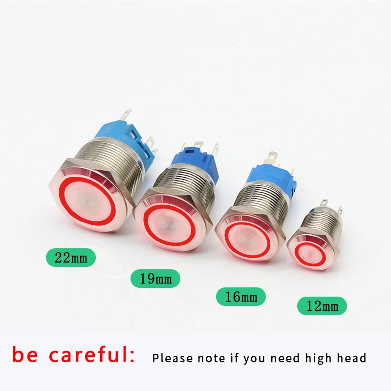 

Металлический кнопочный переключатель 12/16/19/22 мм, водонепроницаемая Плоская Круглая кнопка, светильник, кнопка самоблокировки 5 в 12 В 24 В 220 В