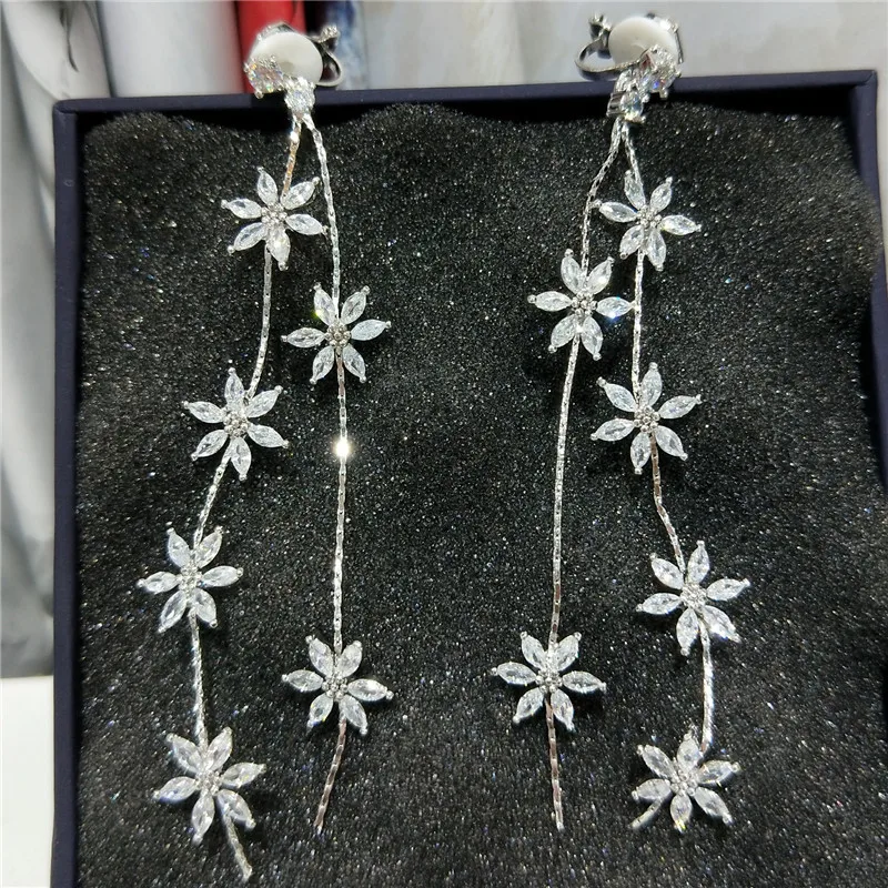Длинные серьги-клипсы в виде цветка с блестящим кубическим цирконием модные