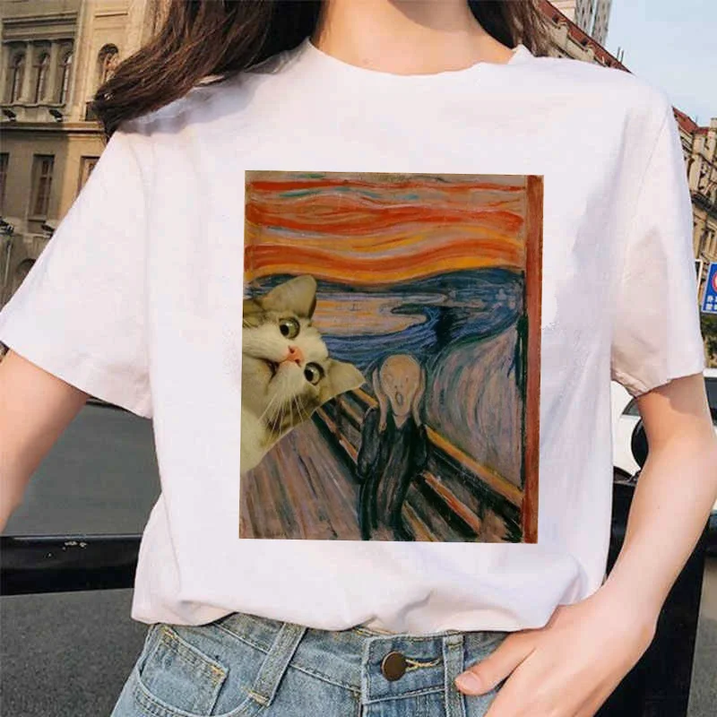 Van gogh женская футболка с рисунком кота, Рисунок маслом, решетка, принт, новая милая женская футболка, Повседневная футболка Harajuku, забавная футболка ulzzang grunge