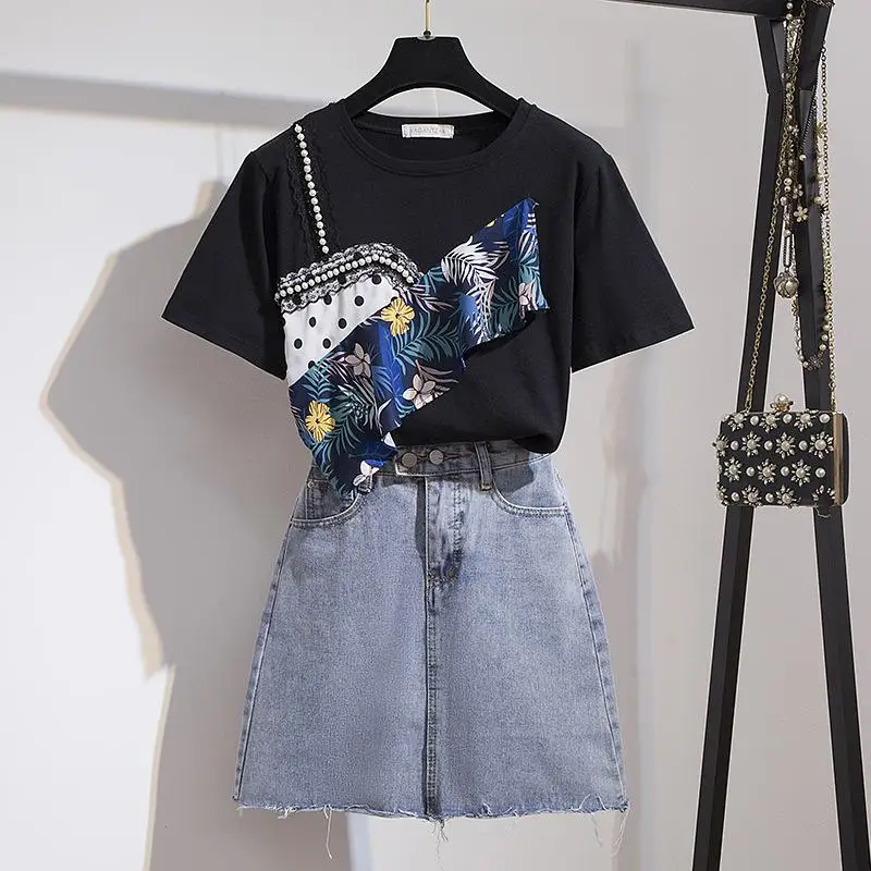 

ICHOIX 2 piece skirt set women 2 piece set summer outfits cute girl Korean style outfits pearl t-shirt tops and jean skirt set