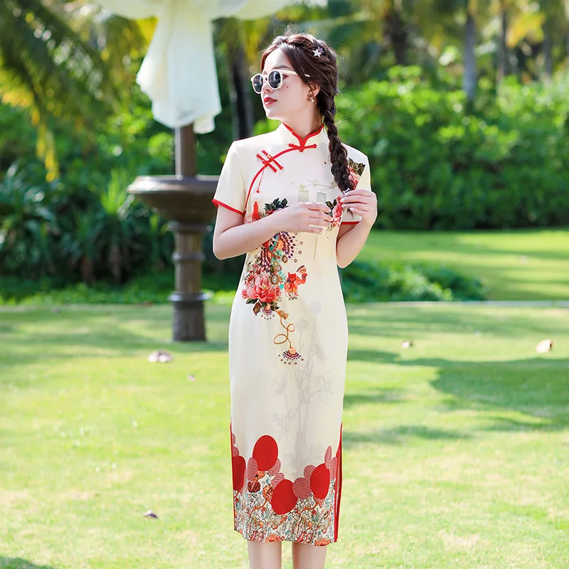 

Mandarin Collar Sexy Flower Printed Satin Knee-Length Qipao Vintage Oriental Female Cheongsam Chinese Formal Dress Vestdios
