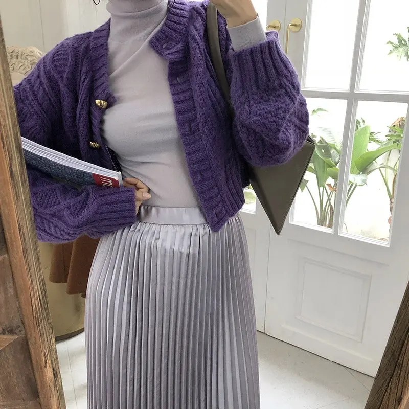 purple women sweater RealShe, Осенний женский свитер, круглый вырез, длинный рукав, пуговицы, однотонный, элегантный, повседневный, вязаный свитер, женский кардиган для женщин - Цвет: purple women sweater