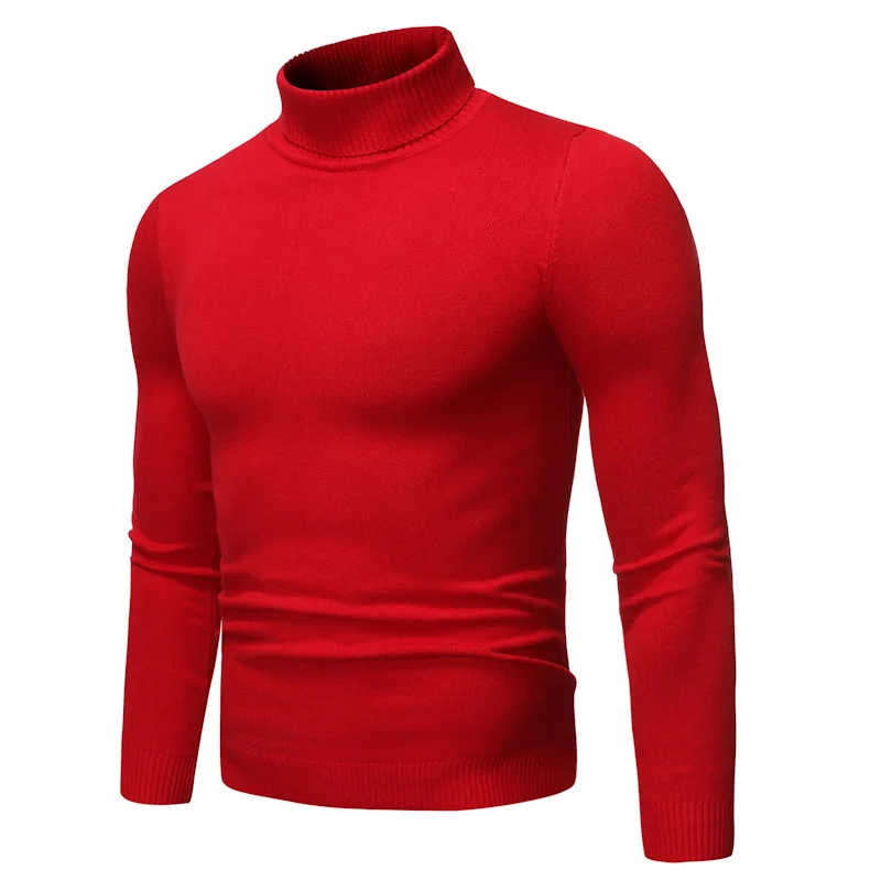 Мужской вязаный свитер синий теплый облегающий пуловер с высоким воротником