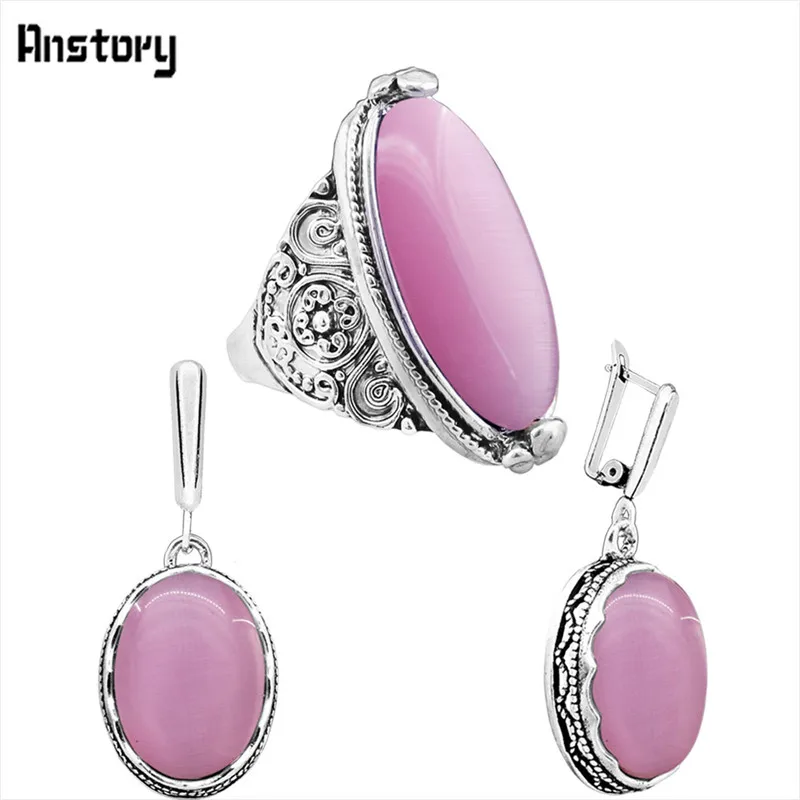 Anstory овальный опал комплект ювелирных изделий Цепочки и ожерелья Серьги Кольца