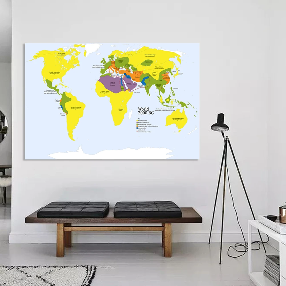 

150*100cm Primitive Tribe Map of The World In 2000 BC Non-woven Canvas Painting Large Poster Home Decor School Supplies
