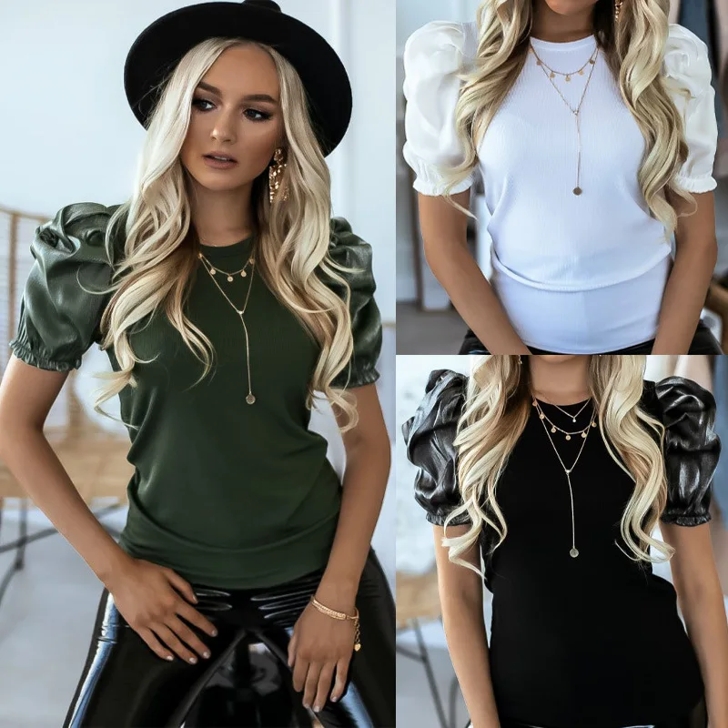 

Ladies Slim Splicing Lantern Sleeve Pullover Blouse Top Women 2021 Sexy Round Neck Color Block Short-sleeved Top Femme Blusas